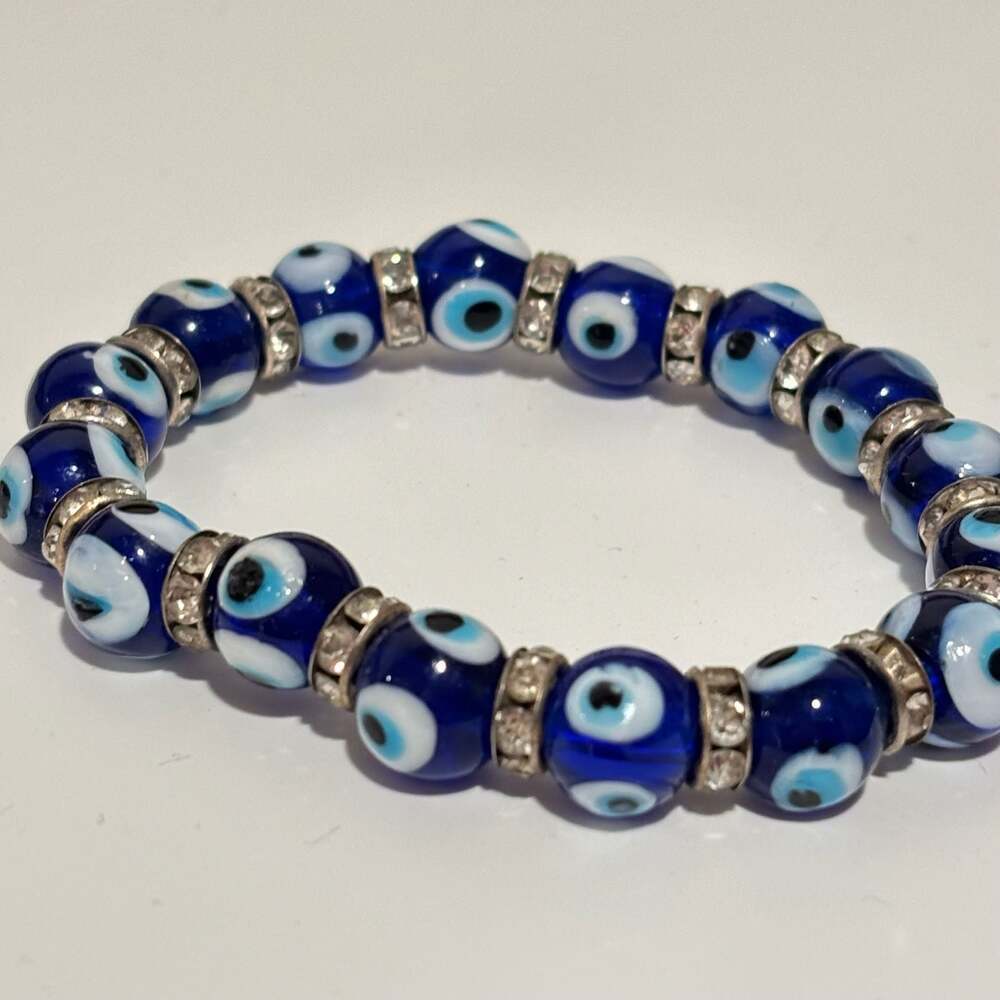 Blue Glass Evil Eye Beaded Stretch Bracelet with Rhinestone Spacers